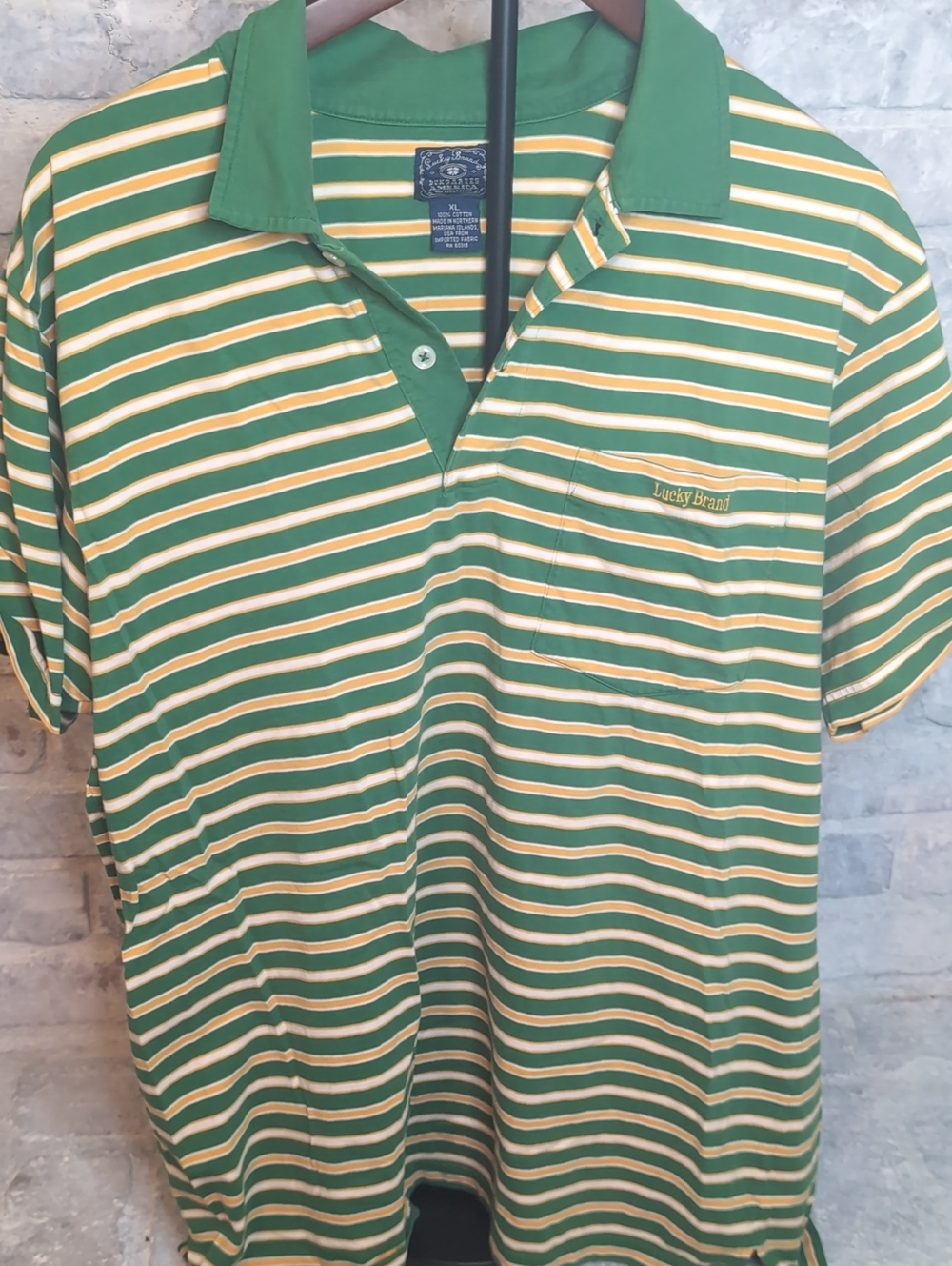 Vintage Y2k Lucky Brand Green White and Yellow Cotton Striped Polo Size XL